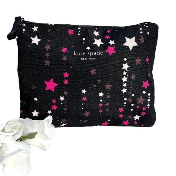 🎉HP🎊Kate Spade Large Canvas Cosmetic Zip Twinkle Star Pouch Black Pink Multi - Picture 1 of 11